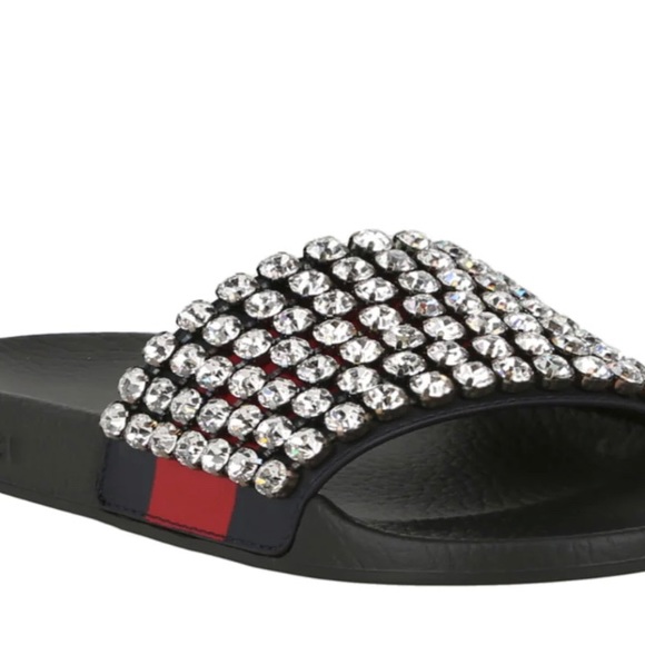 GUCCI WOMENS CRYSTAL-EMBELLISHED WEB SLIDES size 37 - Picture 5 of 6